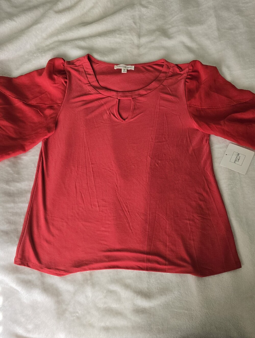 Perseption Concept Vibrant Orange/Red Keyhole Puff-Sleeve Top